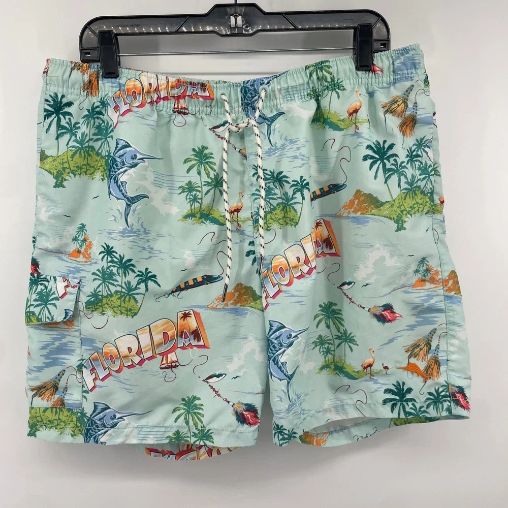 Tommy Bahama Swim Trunks Mens Large Blue Florida Souvenir Print Fishing Shorts